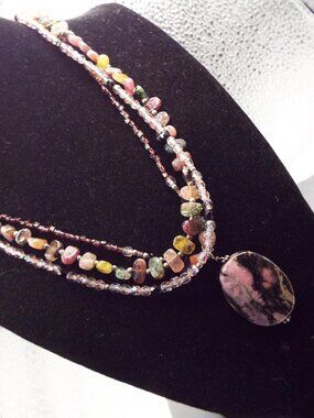PINK ZOISITE, UNIKITE, AMETHYST & TOURMALINE STONE & CRYSTALS 3 STD NECKLACE 41